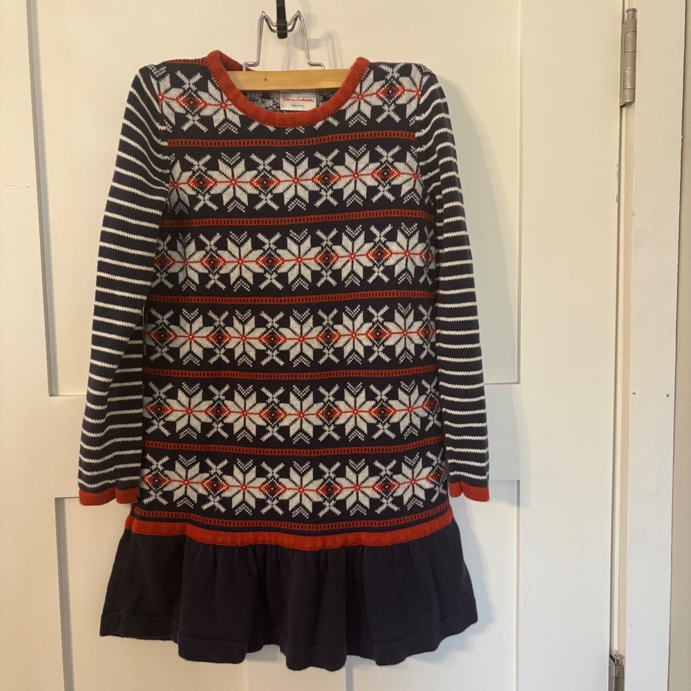 Hanna Andersson Kids Fair Isle Sweater Dress Navy Red White Snowflake Cotton 120